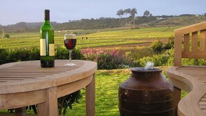 A table with a wine bottle and glass, a rustic metal pot, and a view of a vineyard.