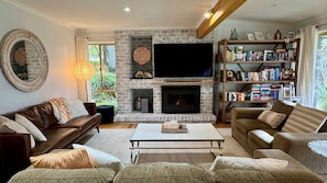 Fireplace, DVD player, foosball