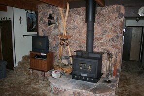 Cozy living room with a stone fireplace, black stove, and entertainment unit.