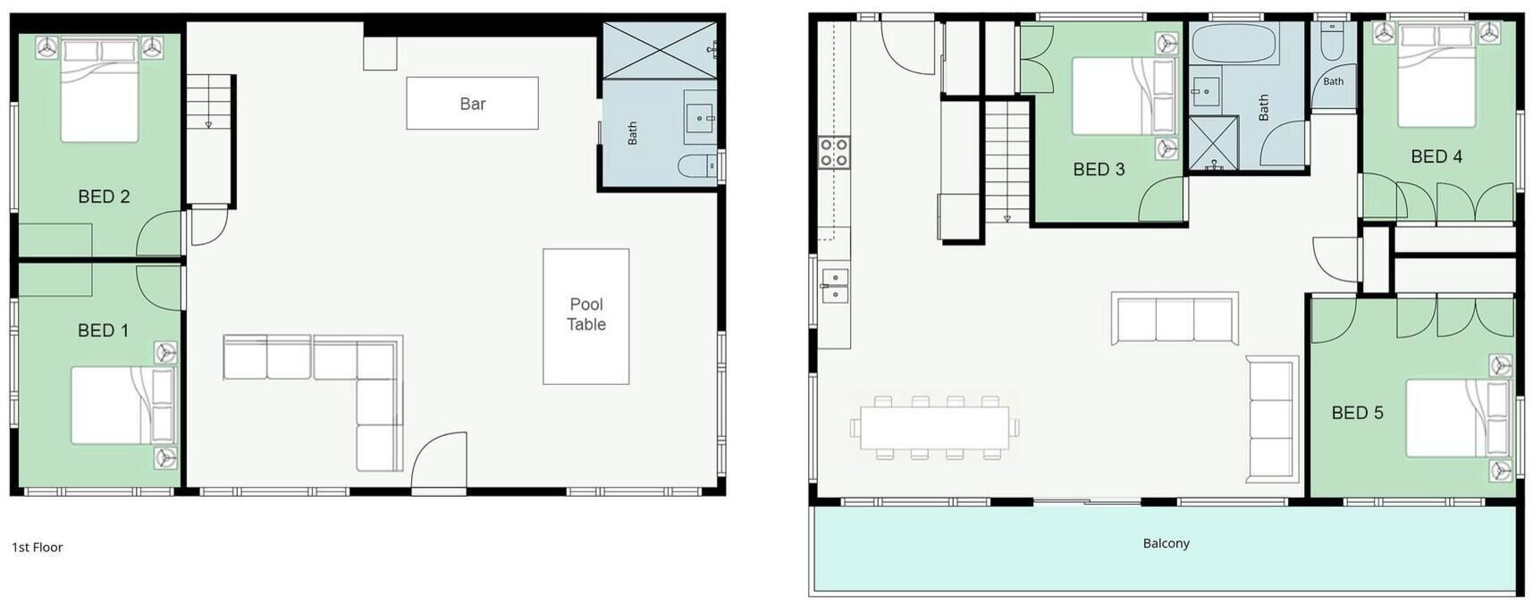 Plano de planta de un hotel con 5 habitaciones, una mesa de billar, un bar y un balcón.