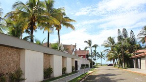 Una calle residencial con camino asfaltado, palmeras y casas de fachada de piedra.