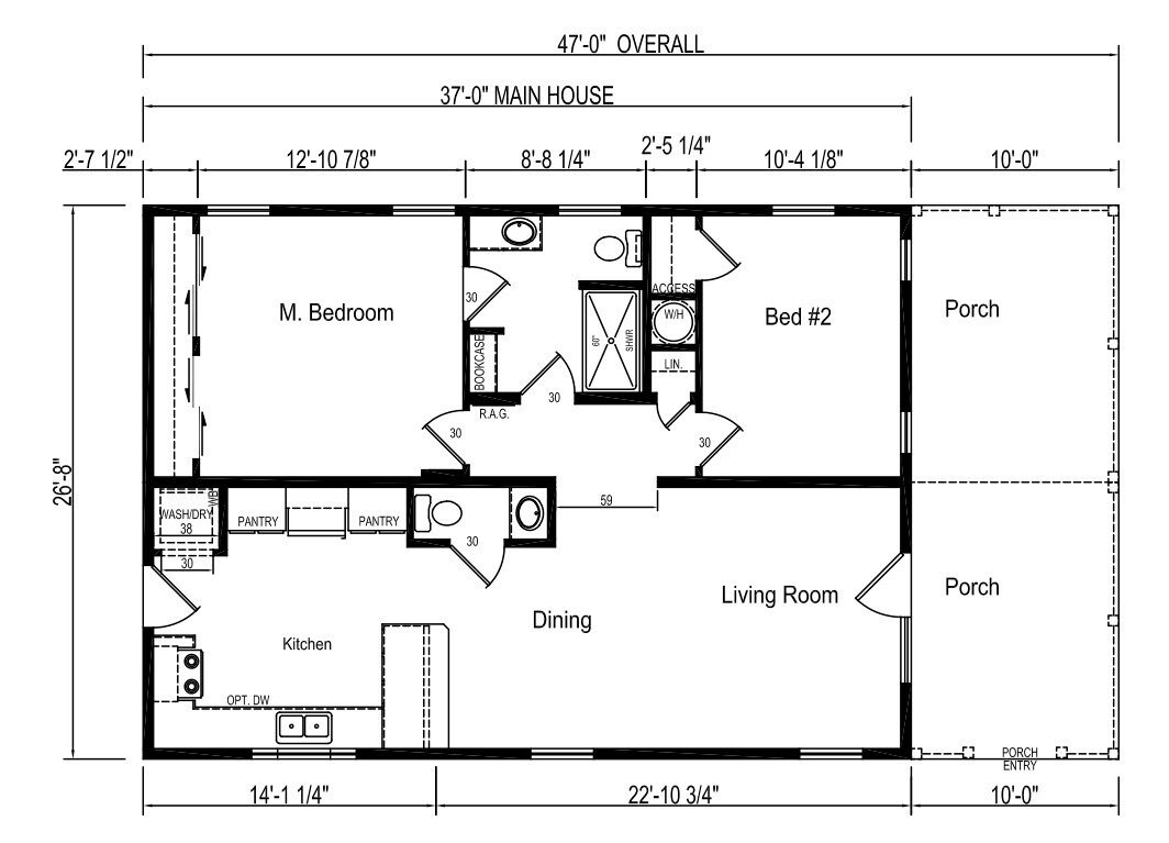 Grundriss eines Hauses, wobei das Hauptgebäude 11,43 Meter und die Gesamtfläche 14,32 Meter misst. Es umfasst ein Hauptschlafzimmer, zwei weitere Schlafzimmer, eine Küche, einen Essbereich, ein Wohnzimmer und zwei Veranden.