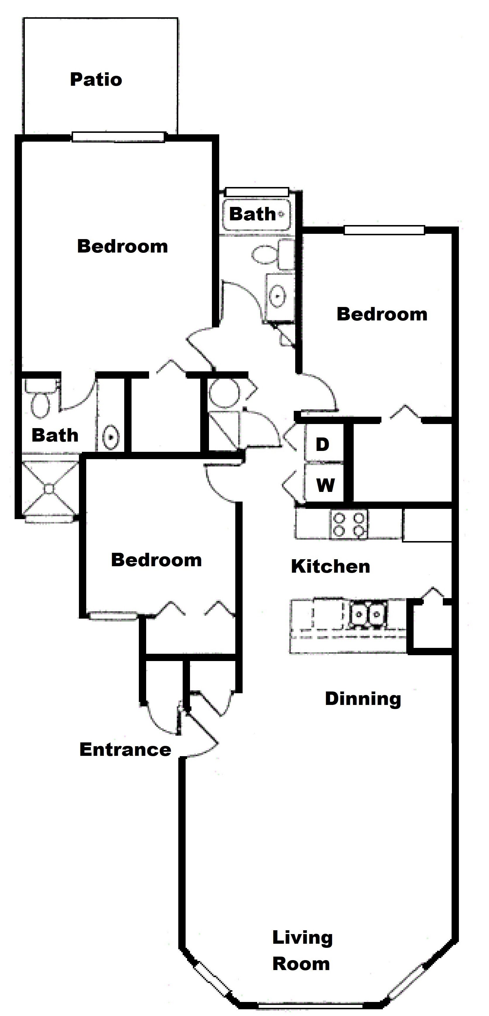 Un plan d’étage comprenant un patio, deux chambres, une salle de bain, une cuisine, un coin repas et un salon.