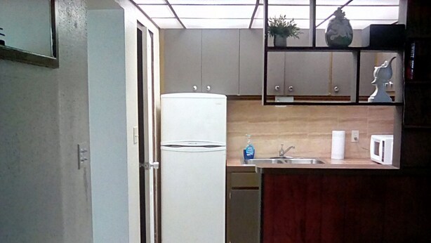 A compact kitchen with a refrigerator, sink, and microwave.