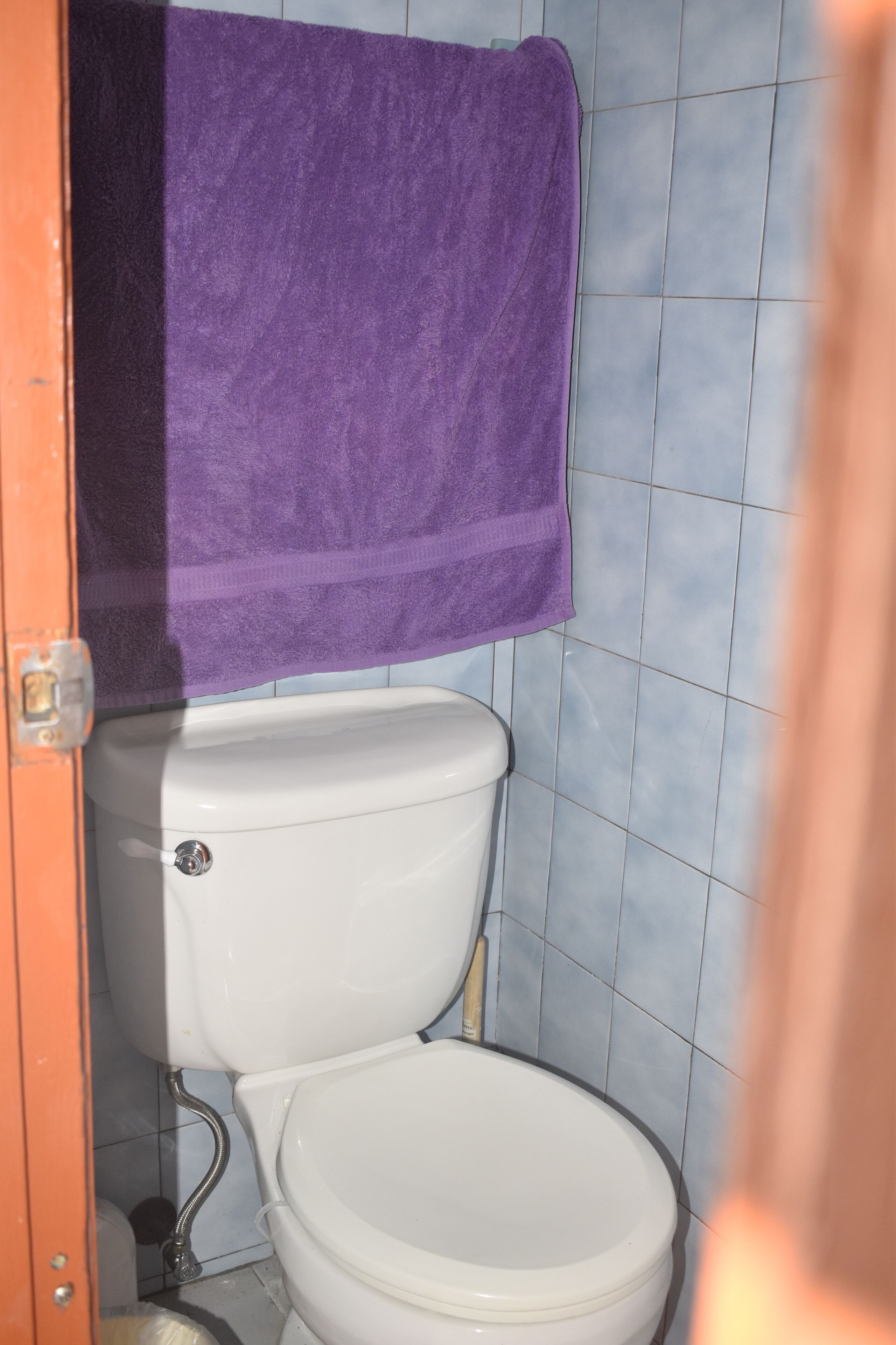 A bathroom with a white toilet, a purple towel hanging on the wall, and blue-tiled walls.