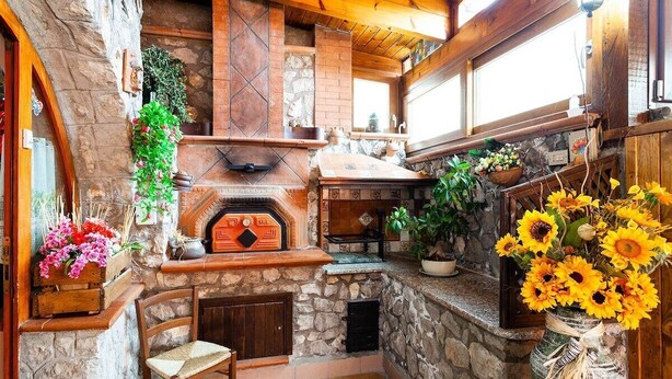 Una cocina rústica con chimenea de piedra, vigas de madera y una variedad de plantas en macetas.