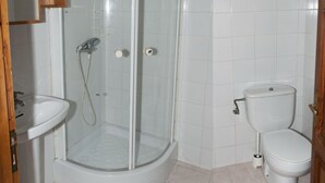 Une salle de bain avec une douche à parois de verre, des toilettes et un lavabo.