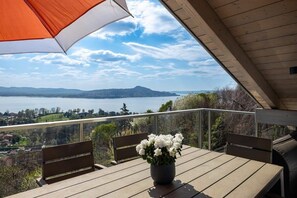 Un balcon avec une table et des chaises, un pot de fleurs et une vue sur un lac et des montagnes lointaines.