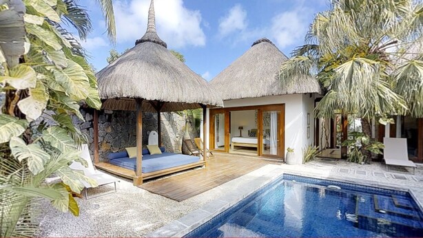 A resort with two thatched-roof huts, a pool, and tropical plants.