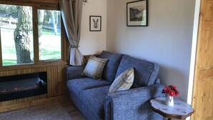 A cozy room with a blue sofa, a fireplace, a small table with a vase of flowers, and a window with curtains. - Cosy dog friendly lodge with Red Squirrels feeding in the garden.outdoor bath (Whitwell)