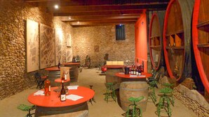 A rustic cellar with stone walls, wooden barrels, and metal stools.