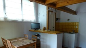 A small kitchen with a dining table, chairs, a TV, and a sink. - studios - 1 room - 2/4 persons (Annecy)