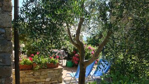 Un jardín con muros de piedra, plantas en macetas y una silla azul.
