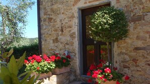 Un edificio de piedra con una puerta de madera y escalones que lo conducen. Hay plantas en macetas con flores rojas en los escalones.