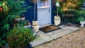 Une maison bleue avec une porte blanche, entourée de différentes plantes et d’un petit sapin de Noël illuminé.