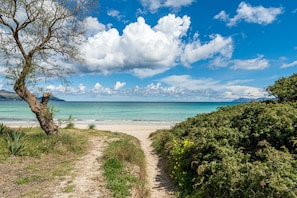 A beach path leading to the sea with a clear sky and distant mountains.
