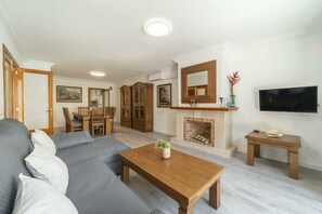 Een televisie, een open haard en een tafeltennistafel