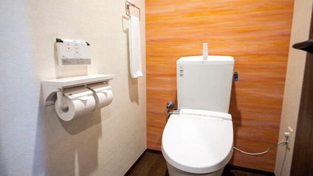 A small, compact bathroom with a white toilet, a toilet paper holder, and a wooden wall. - Hotel Torifito Naha Asahibashi (Naha)