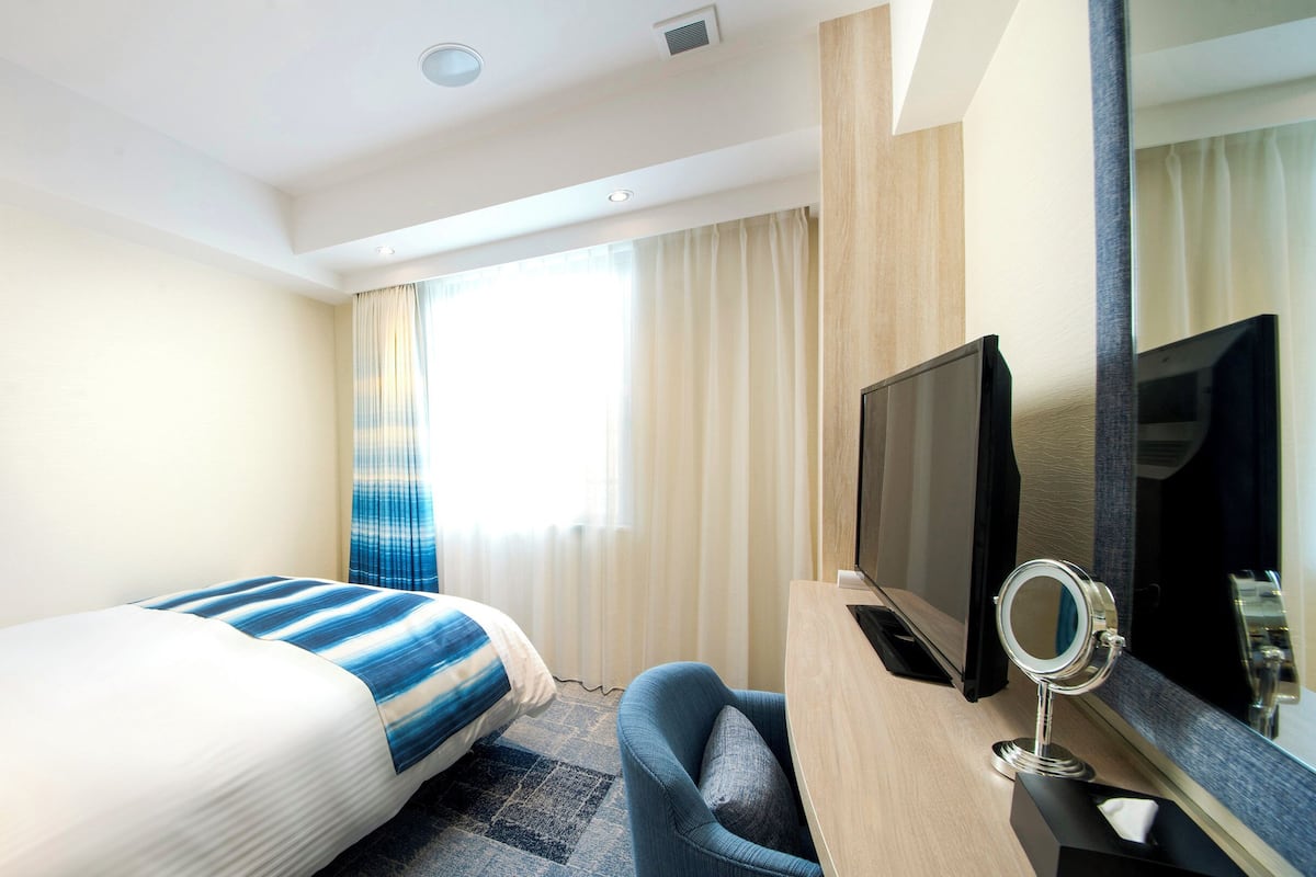 A hotel room with a bed, a TV, a desk with a mirror, and a window with curtains.