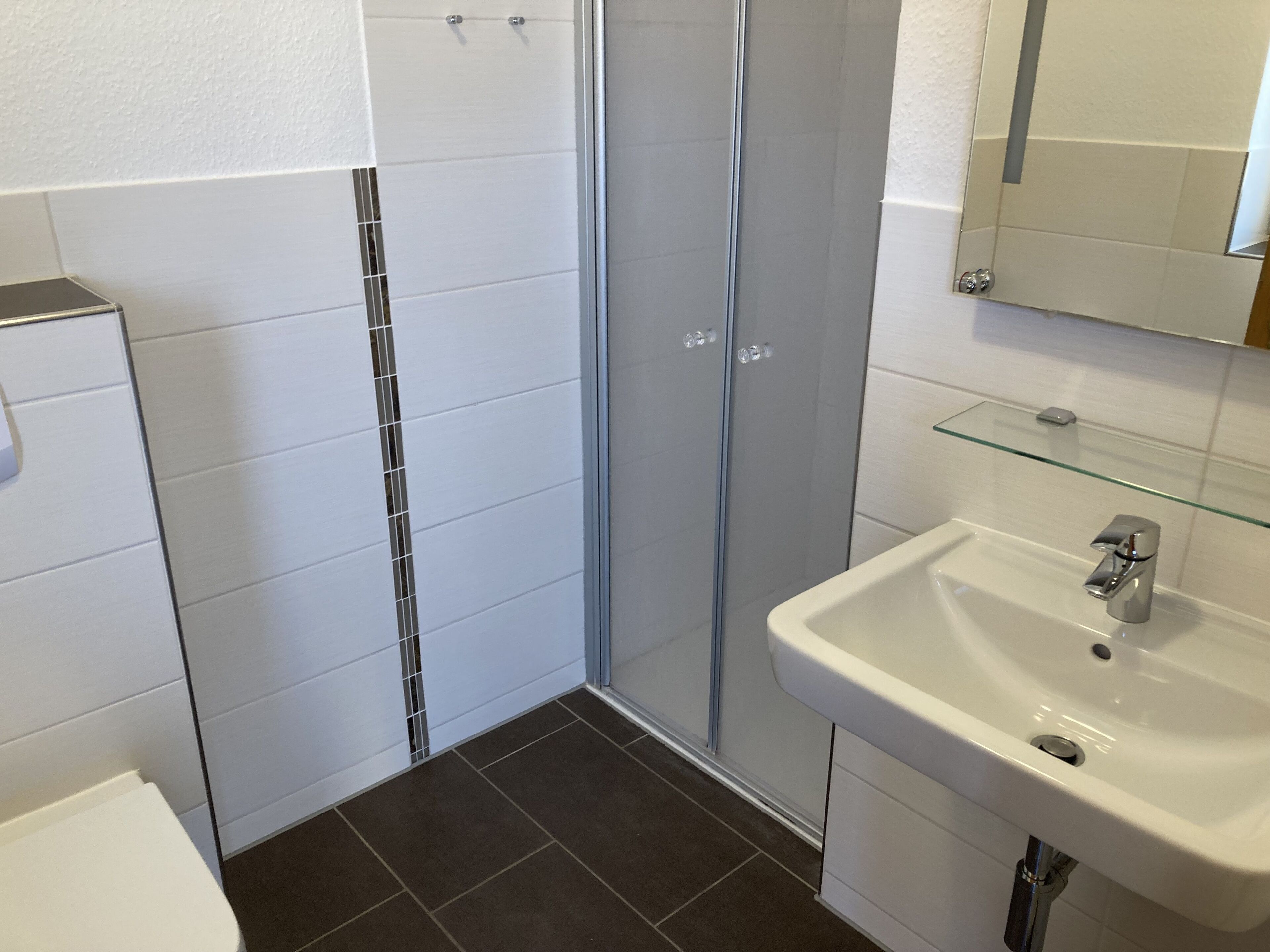 Une salle de bain avec une douche à parois de verre, un lavabo blanc et un miroir au-dessus du lavabo.