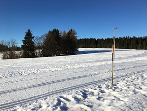 A snowy landscape with a clear sky, a ski track, and a forest in the background. - Private rental Ina - holiday room (Clausthal-Zellerfeld)