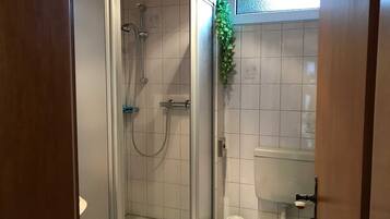 Ein Badezimmer mit einer Duschkabine, einer Toilette und einem Fenster mit Aussicht.