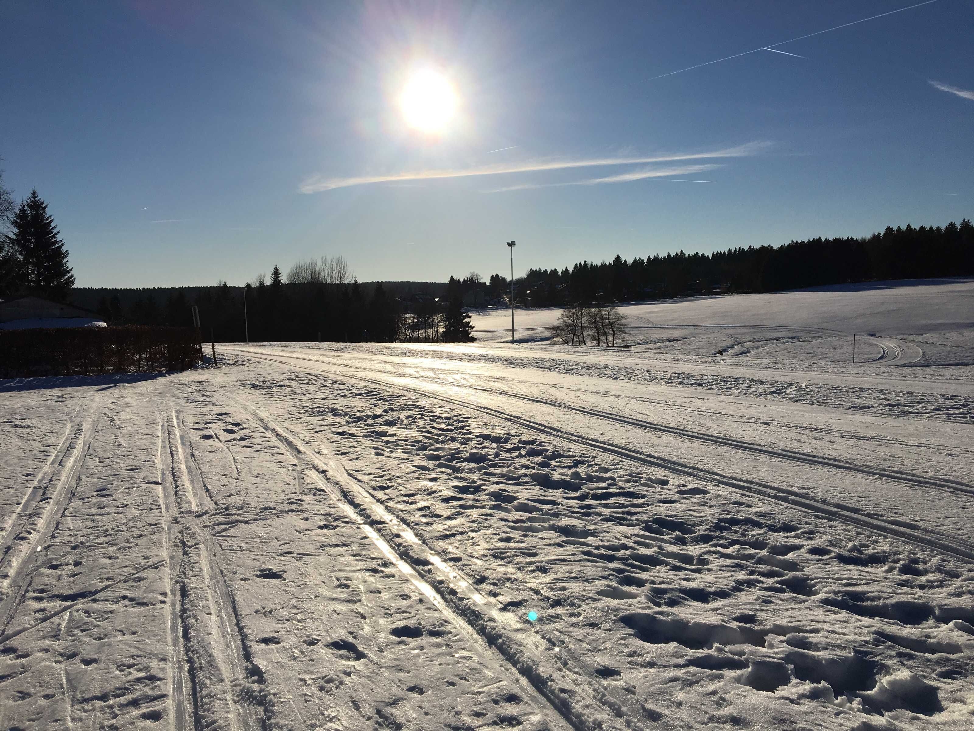 Schneebedeckte Landschaft mit Radspuren und blauem Himmel.