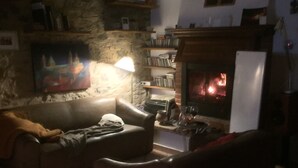 A cozy living room with a stone wall, a fireplace, a sofa, and a bookshelf. - Eco house with pool and fantastic views (Scansano)