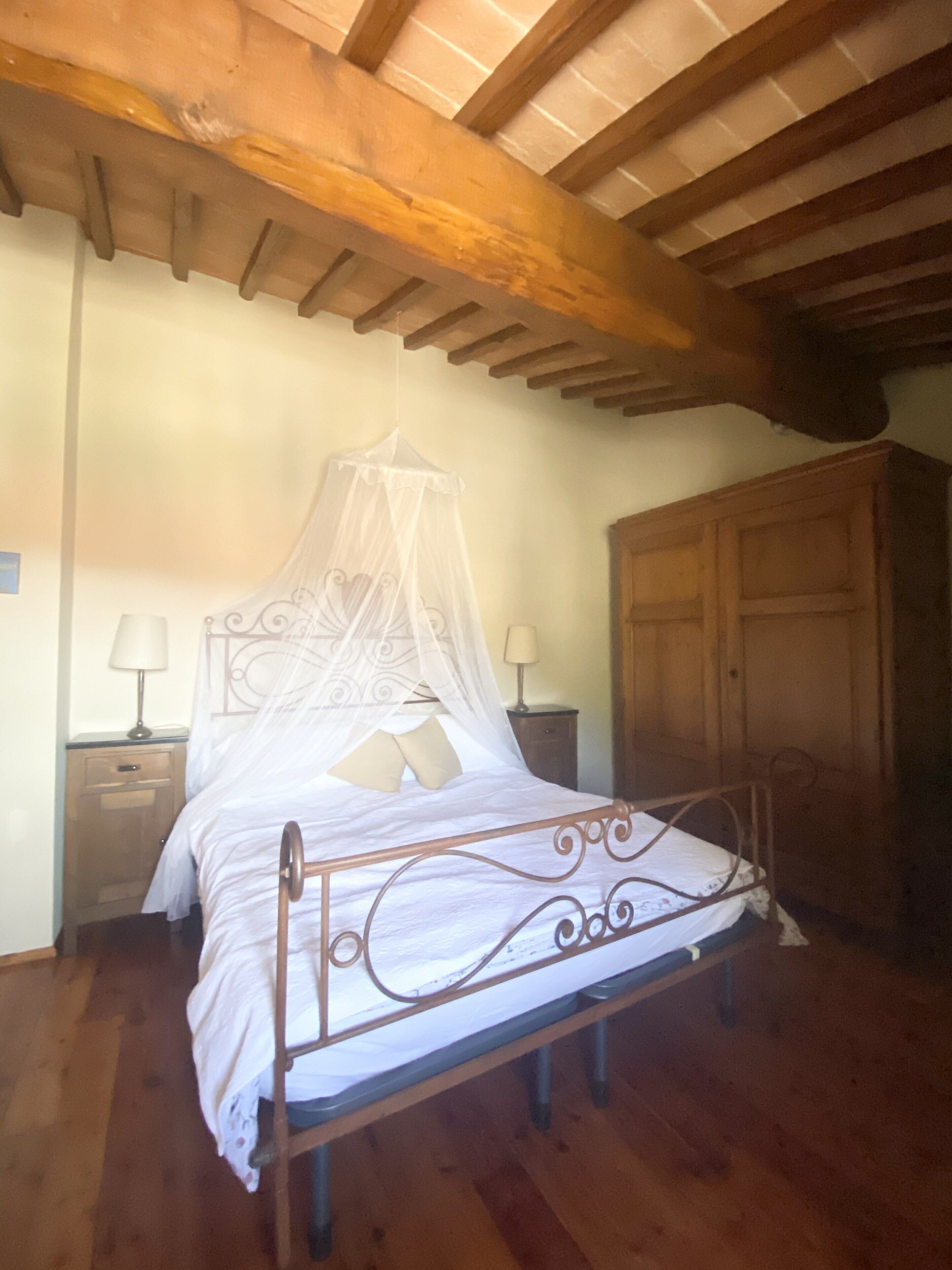 A bedroom with a metal bed frame, a canopy bed, wooden floors, a wooden wardrobe, and bedside lamps.