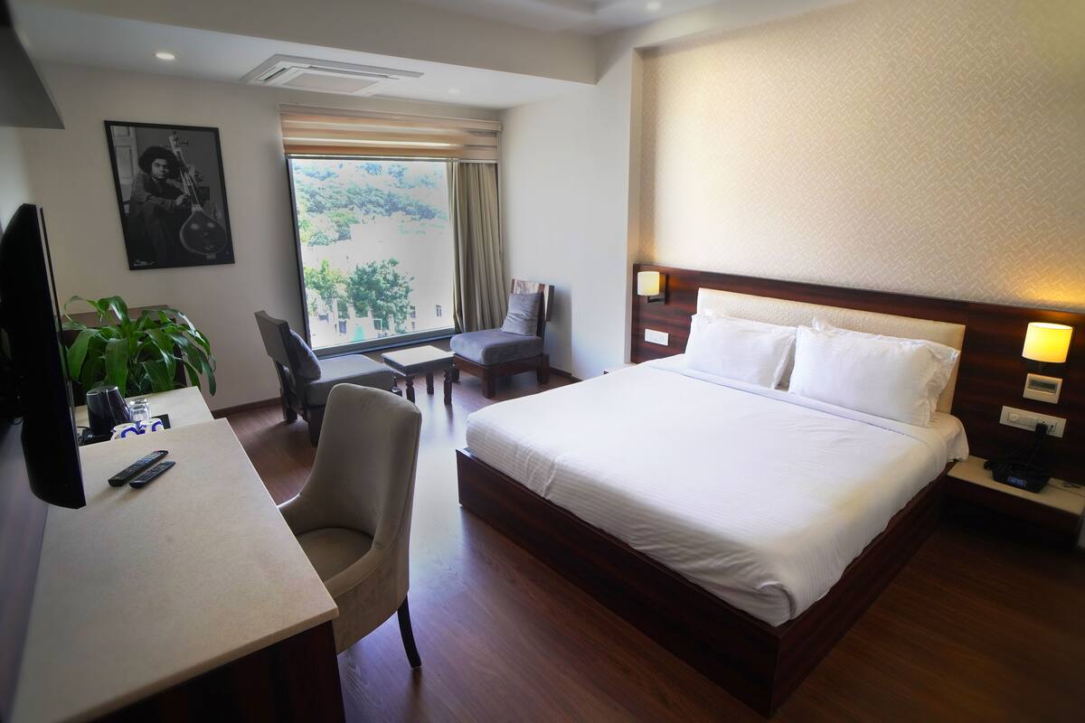 Habitación de hotel con una cama grande, un escritorio con silla, televisión y ventana con vistas a la vegetación.