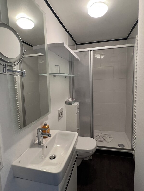 Un bany modern amb un lavabo, vàter i dutxa amb envàs de vidre.