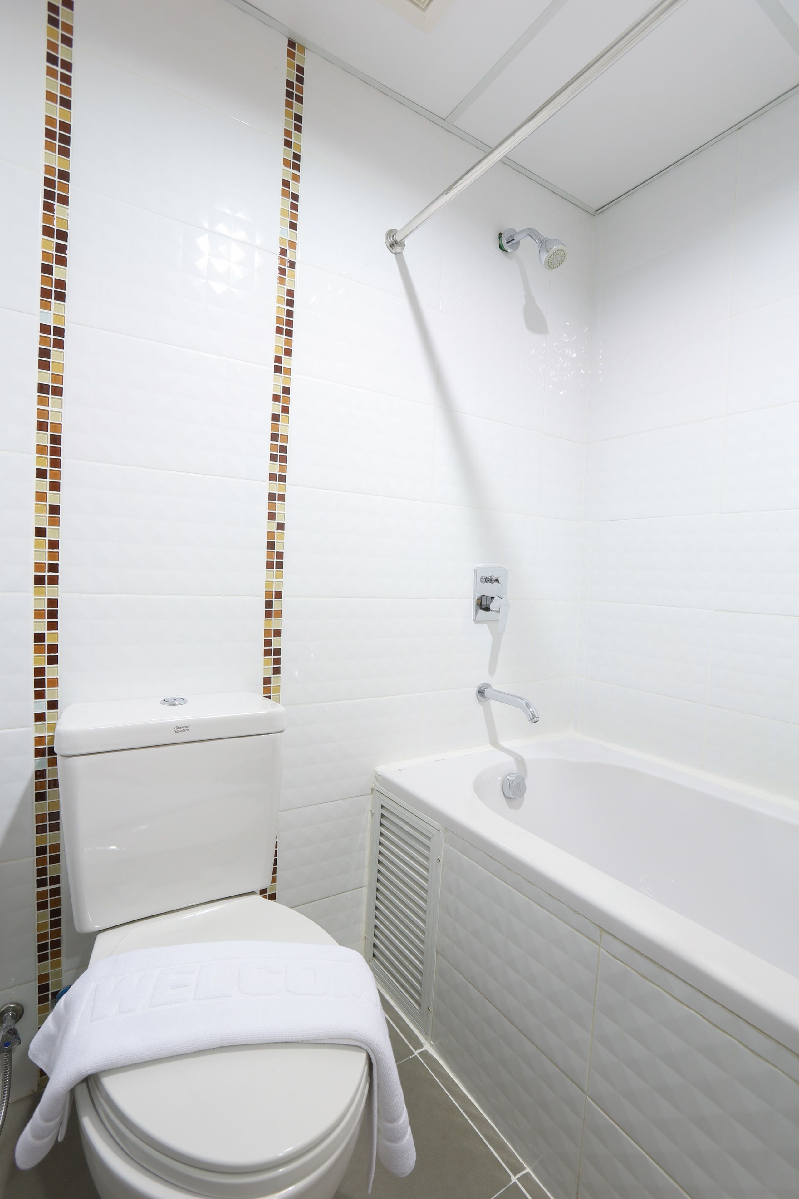 Een badkamer met een toilet, een bad en een douche.