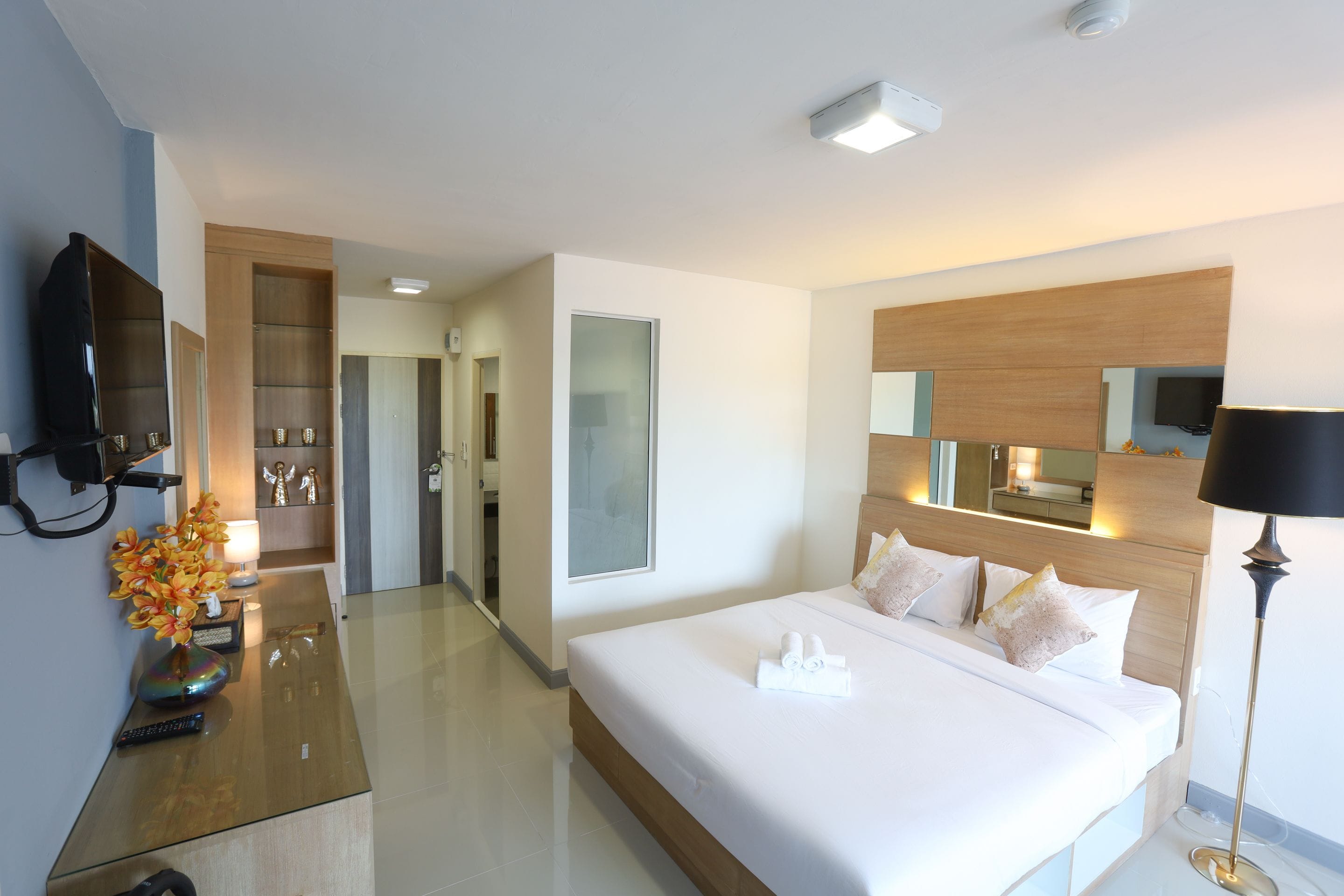 Desk, laptop workspace, blackout drapes, rollaway beds