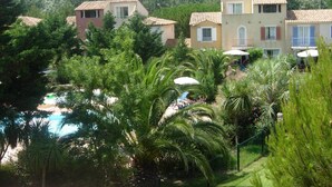 Zona residencial con piscina rodeada de exuberante vegetación y palmeras.