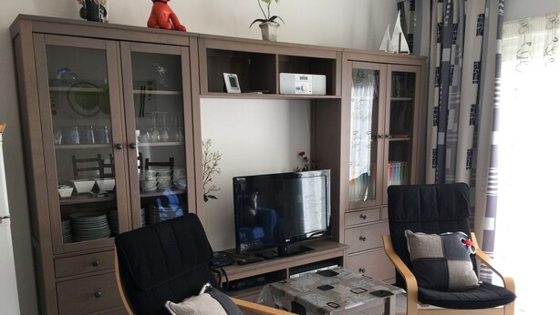 Un salon comprenant un téléviseur, deux fauteuils, une table basse et un meuble avec des portes en verre.