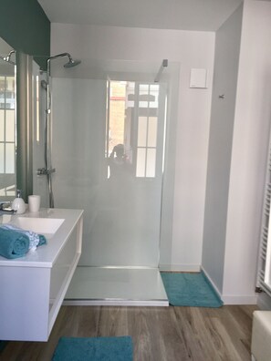 Dusche, Haartrockner, Handtücher, Seife