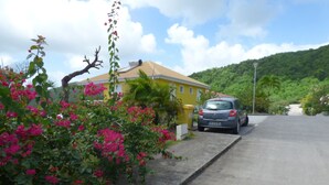 A residential street with a parked car, lush greenery, and a yellow house.
