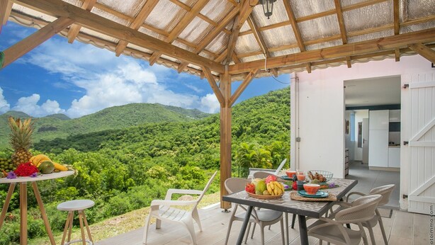 A covered patio with a table set for dining, overlooking a lush green landscape.