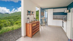 A modern kitchen with white cabinets and a view of lush green hills.