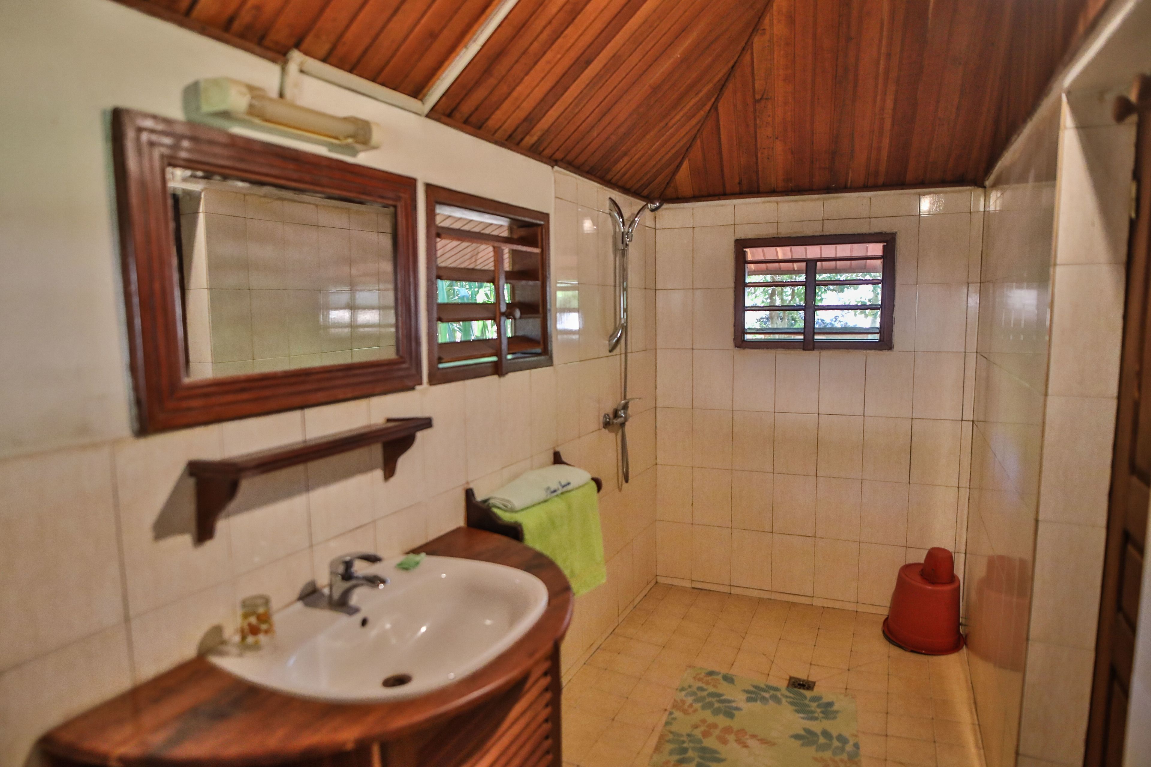 Un baño con techo de madera, un lavamanos, un espejo, una ducha y una ventana.