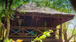 A wooden cabin with a thatched roof, surrounded by lush greenery and flowering plants. - Olympe Du Bemaraha (Bekopaka)
