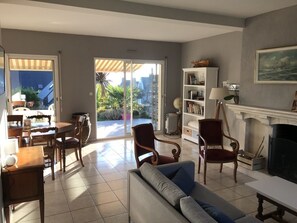 Télévision, cheminée, livres, chaîne hi-fi