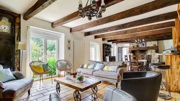 Televisie, een open haard, een dvd-speler en boeken