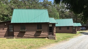 A rustic log cabin with a green metal roof, a front porch, and flower boxes on the windows.