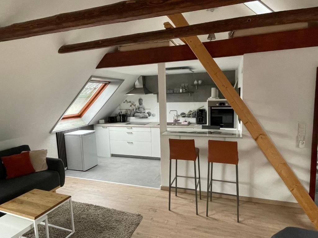 Ein Loft-Wohnraum mit Küche, einem Essbereich mit zwei Stühlen und einer Couch mit Couchtisch.