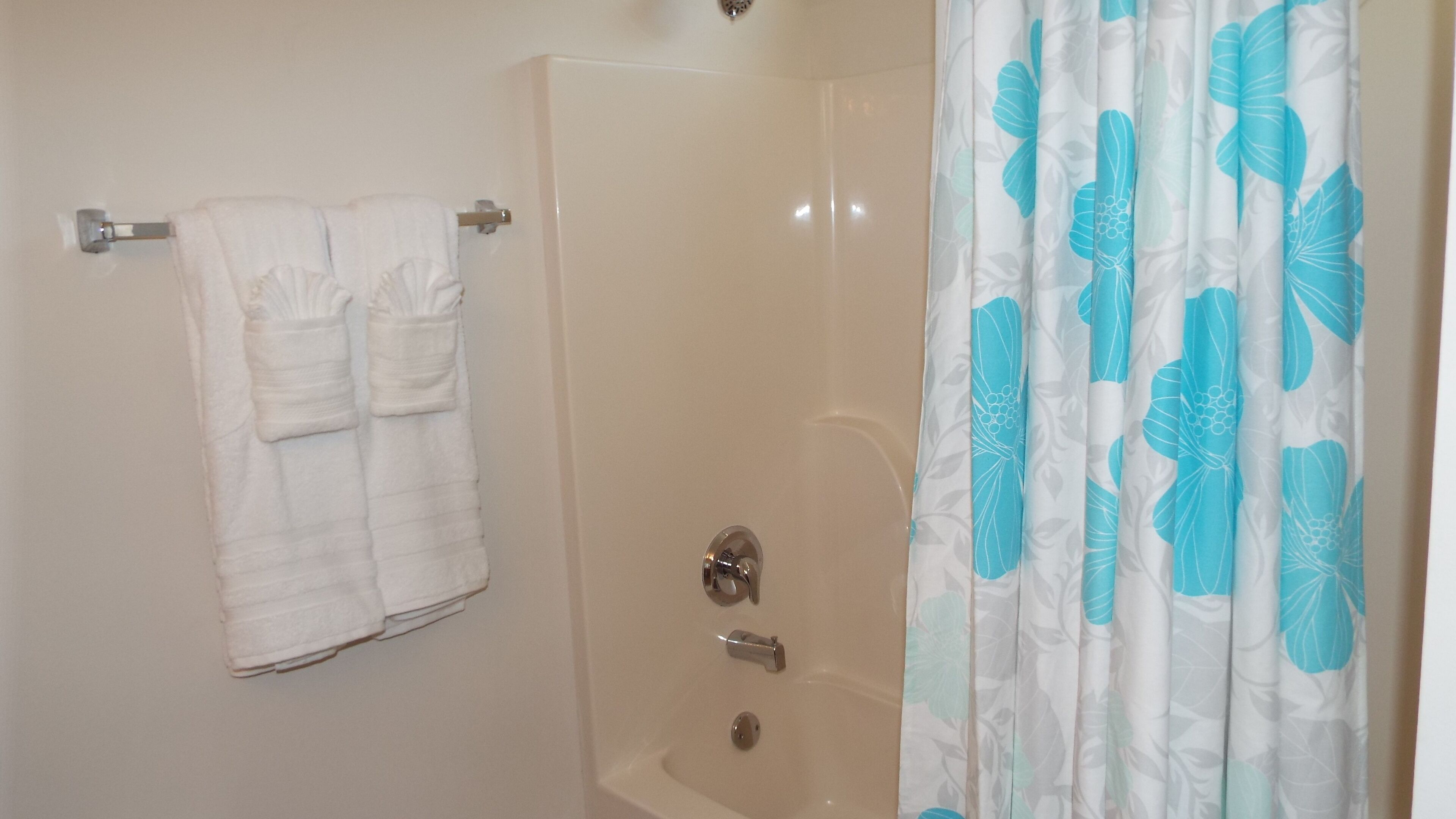 Combined shower/tub, hair dryer, towels, soap