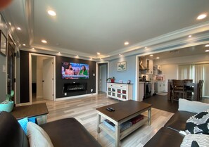 Smart TV, fireplace, books