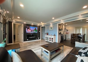 Smart TV, fireplace, books