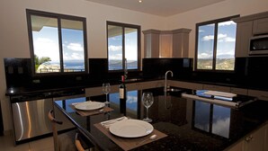 A modern kitchen with a large island, stainless steel appliances, and large windows offering a view of the ocean. - Villa Santaluz - Magnificent Ocean View Villa (Coco)