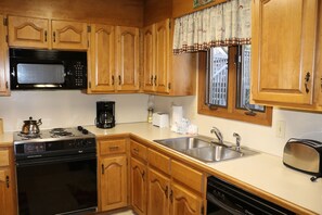 Fridge, microwave, coffee/tea maker, toaster